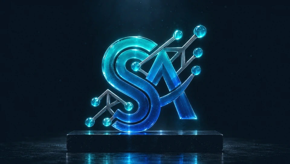 The Smart Site Studio AI logo as a glass sculpture on a dark stone plinth.